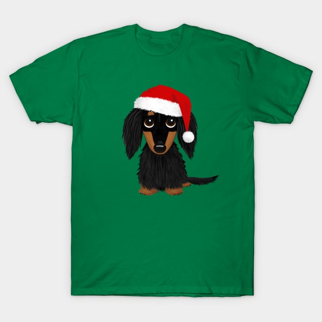 Longhaired Black and Tan Dachshund with Santa Hat Cute Christmas Dog T-Shirt by Coffee Squirrel